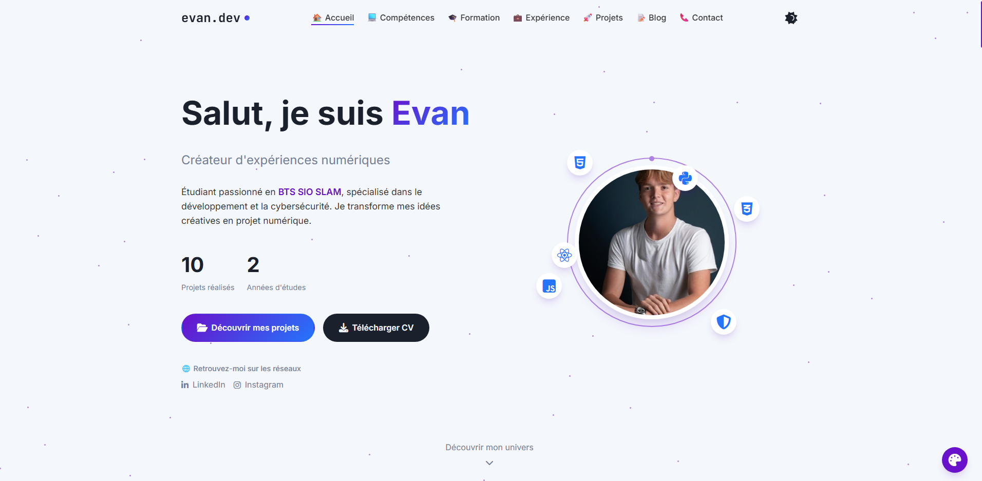 Capture d'écran du portfolio personnel d'Evan